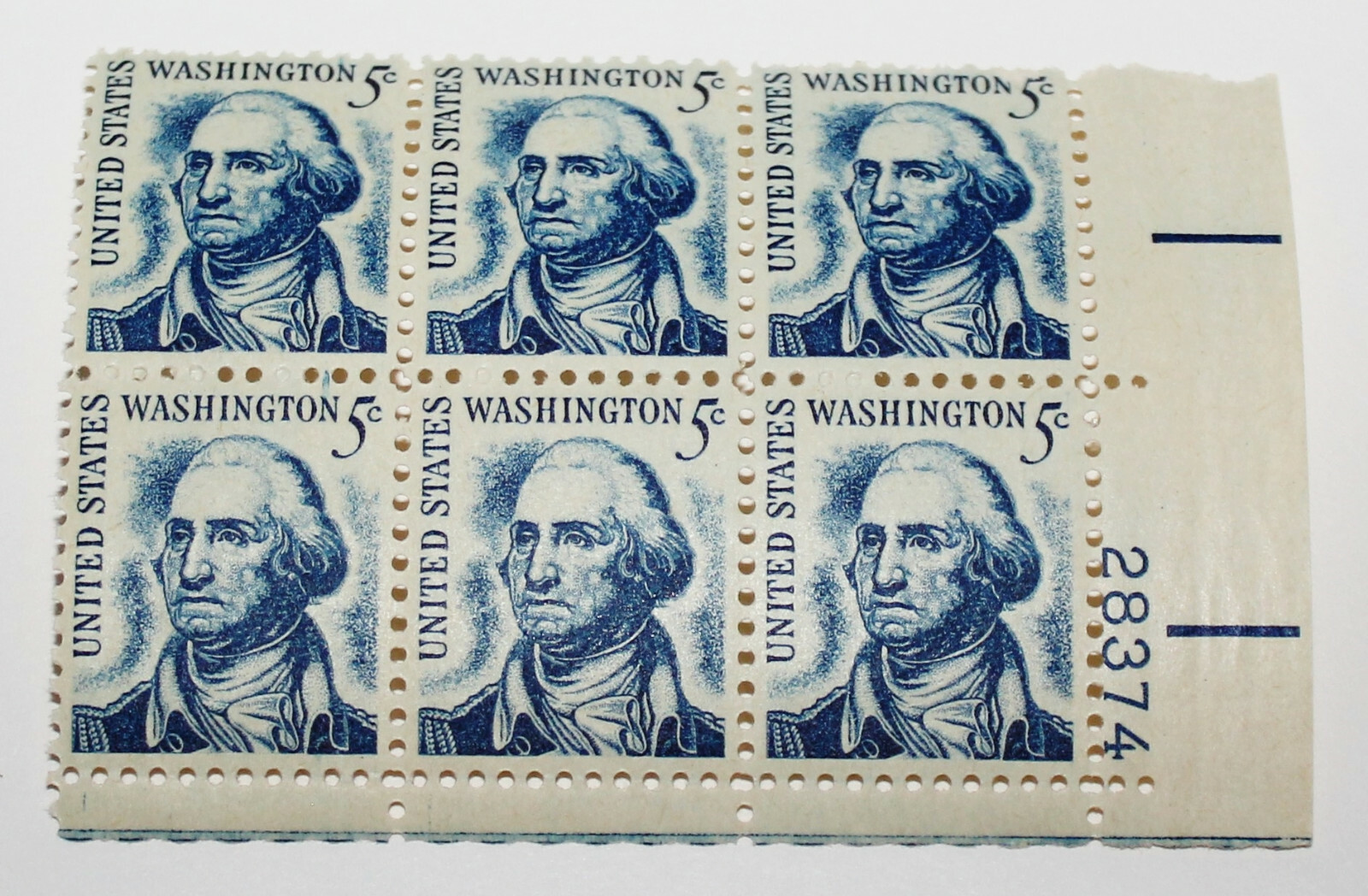 6 Block of George Washington 5 Cent Stamp Blue