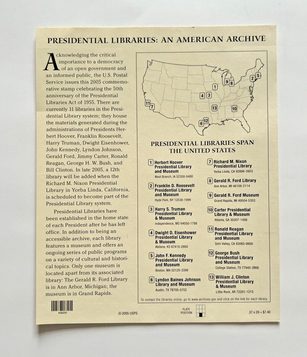#3930 Presidential Libraries 37¢ | 4 Sheets of 20 = 80 Stamps FV $29.60