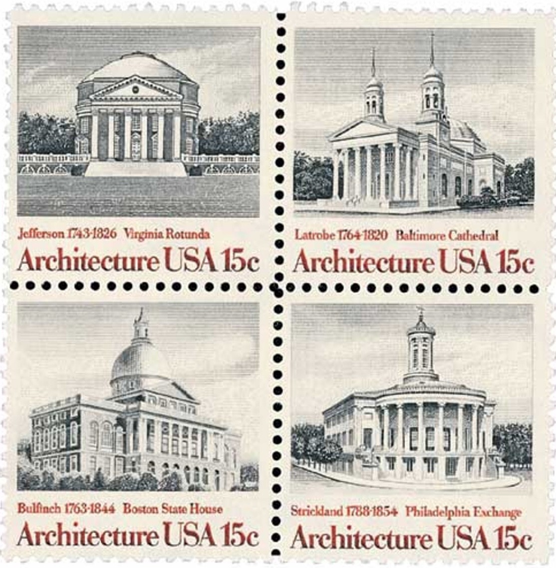 United States 15¢ American Architecture Postage Stamp #1779-82 x 100 singles