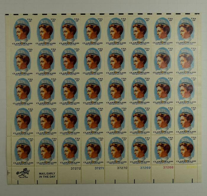 US SCOTT 1699 PANE OF 40 CLARA MAASS STAMPS 13 CENT FACE MNH