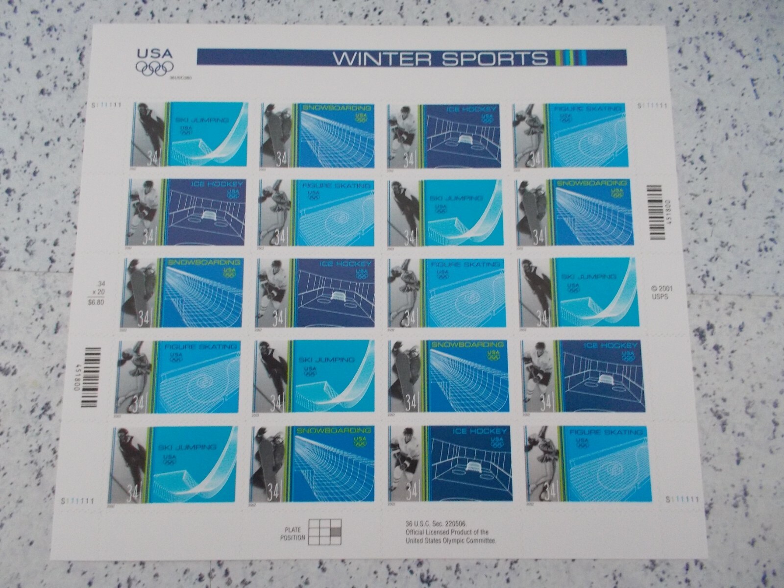 #3552-55 OLYMPIC WINTER SPORTS 20 34 CENT STAMPS 2001/2002 MNH Free Shipping