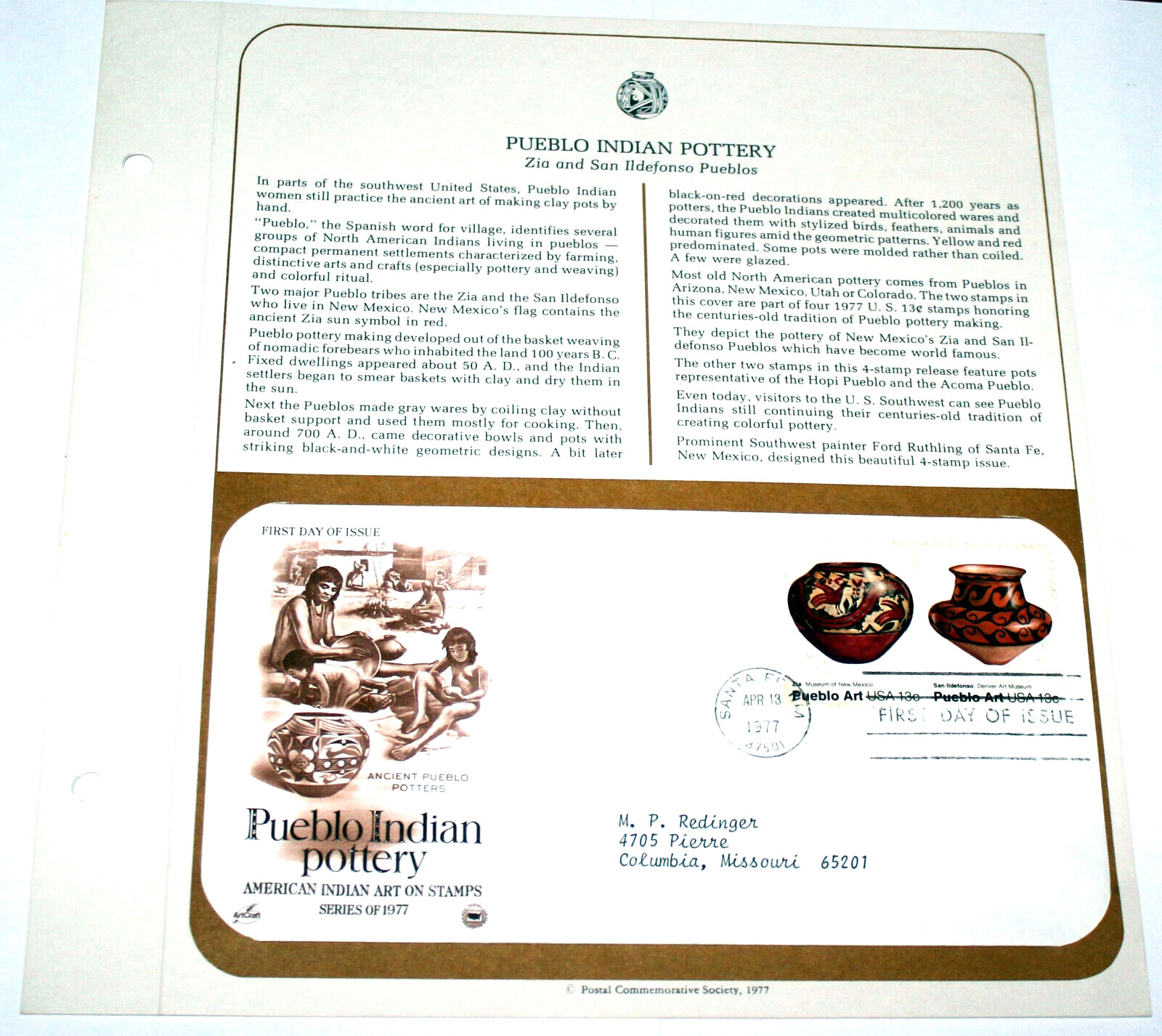 First Day of Issue Souvenir Page Indian Pottery Zia San Ildefonso 1977 Stamp
