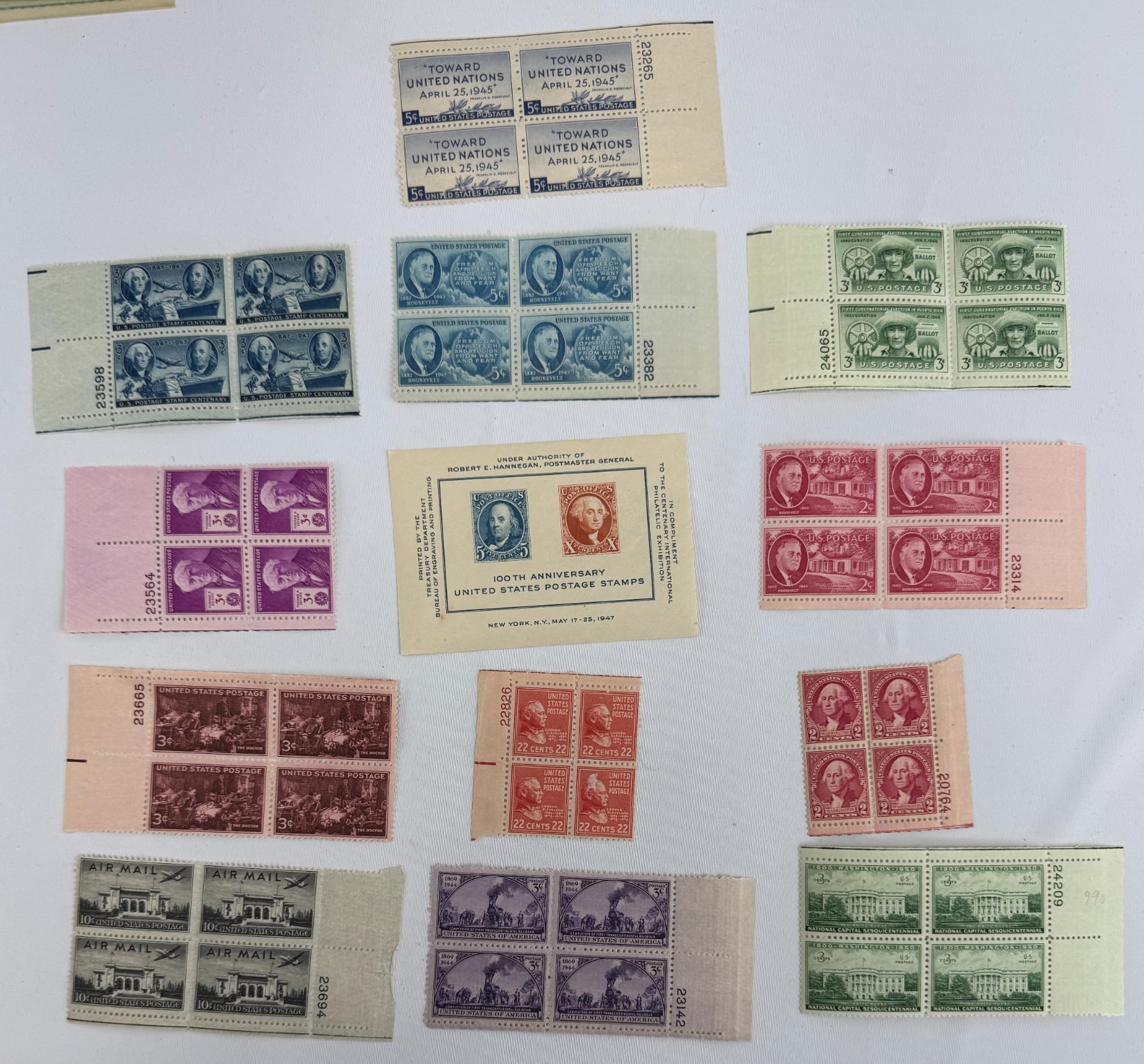 Vintage Mint US Plate Blocks and Souvenir Sheet Collection 1945-1949 Roosevelt