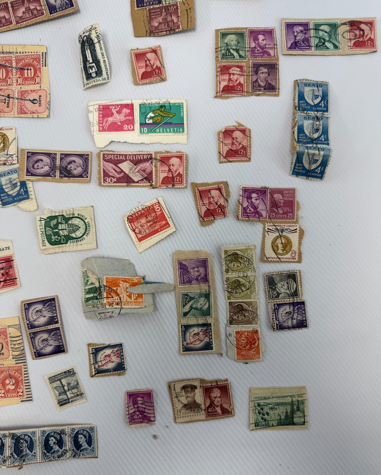 Vintage Worldwide Stamp Kiloware Lot on Paper 1950s–1960s US and Foreign