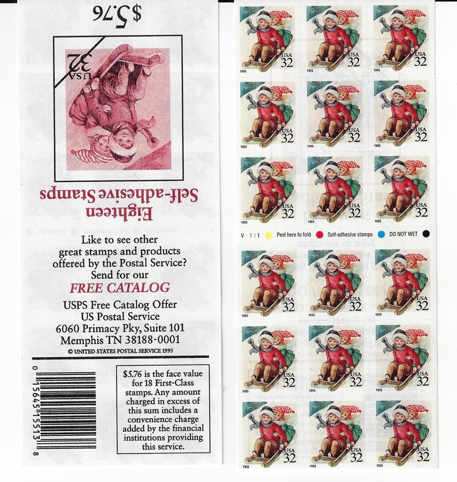 US SCOTT 3013a PANE OF 18 CHILDREN SLEDDING 32 CENT FACE MNH
