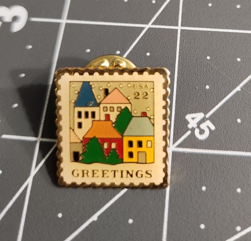 Greetings USPS Stamp Pin 22 Cents Pinback Button Snowy Village Holiday Postal