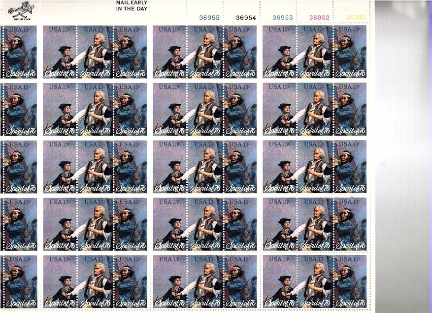 SPIRIT OF 76–Page of 50 Collectible 1976 Stamps–FREE SHIP