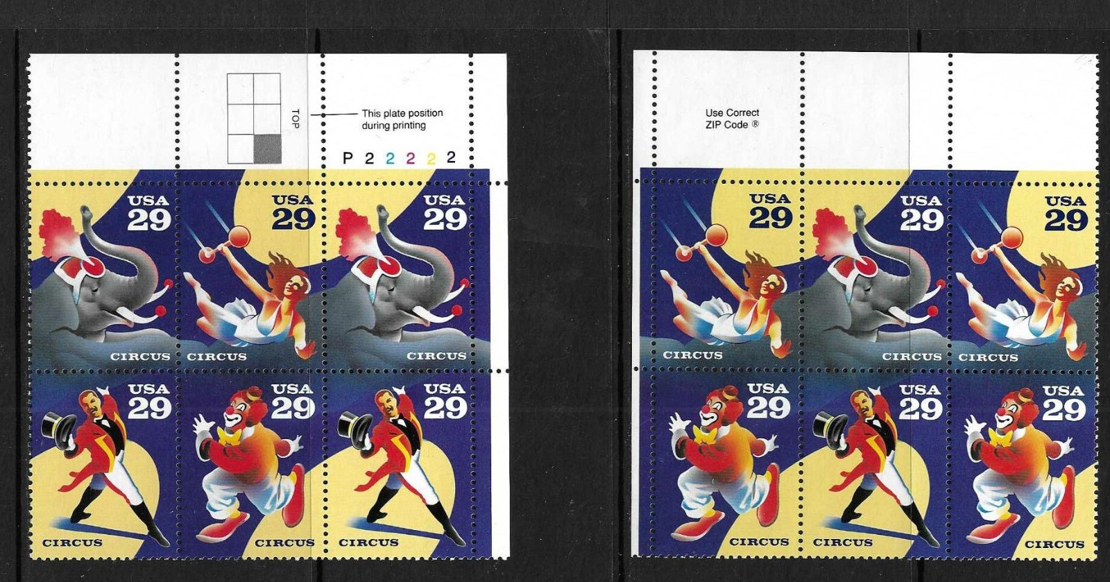 USA SC # 2753a Circus . BLK6 Plate number, Zip Code . MNH..