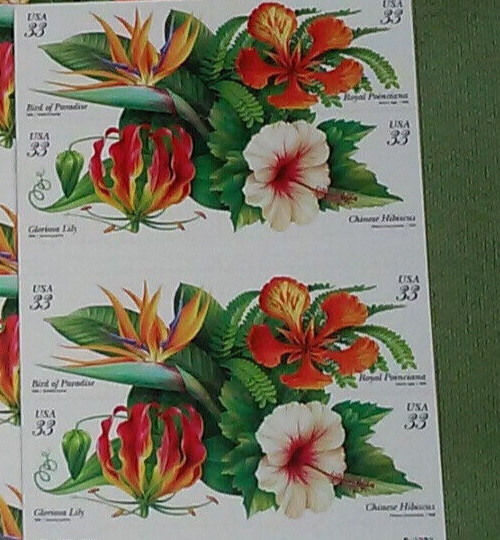 Two Booklets Panes x 20 = 40 of TROPICAL FLOWERS 33¢ US Postage Stamps 3310-3313