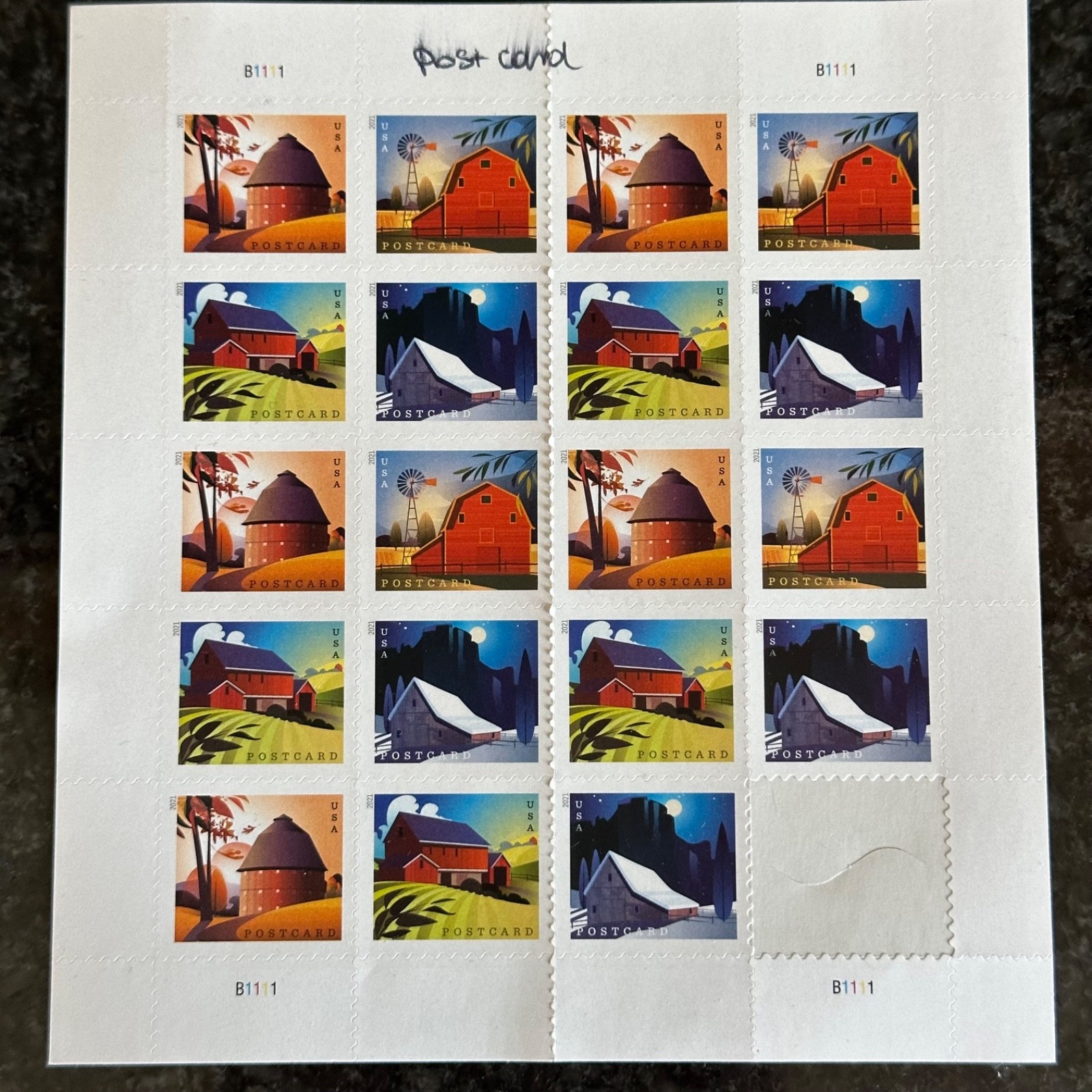 2021 USPS Barn POSTCARD Forever Postage Stamps – Sheet of 20 Stamps MNH