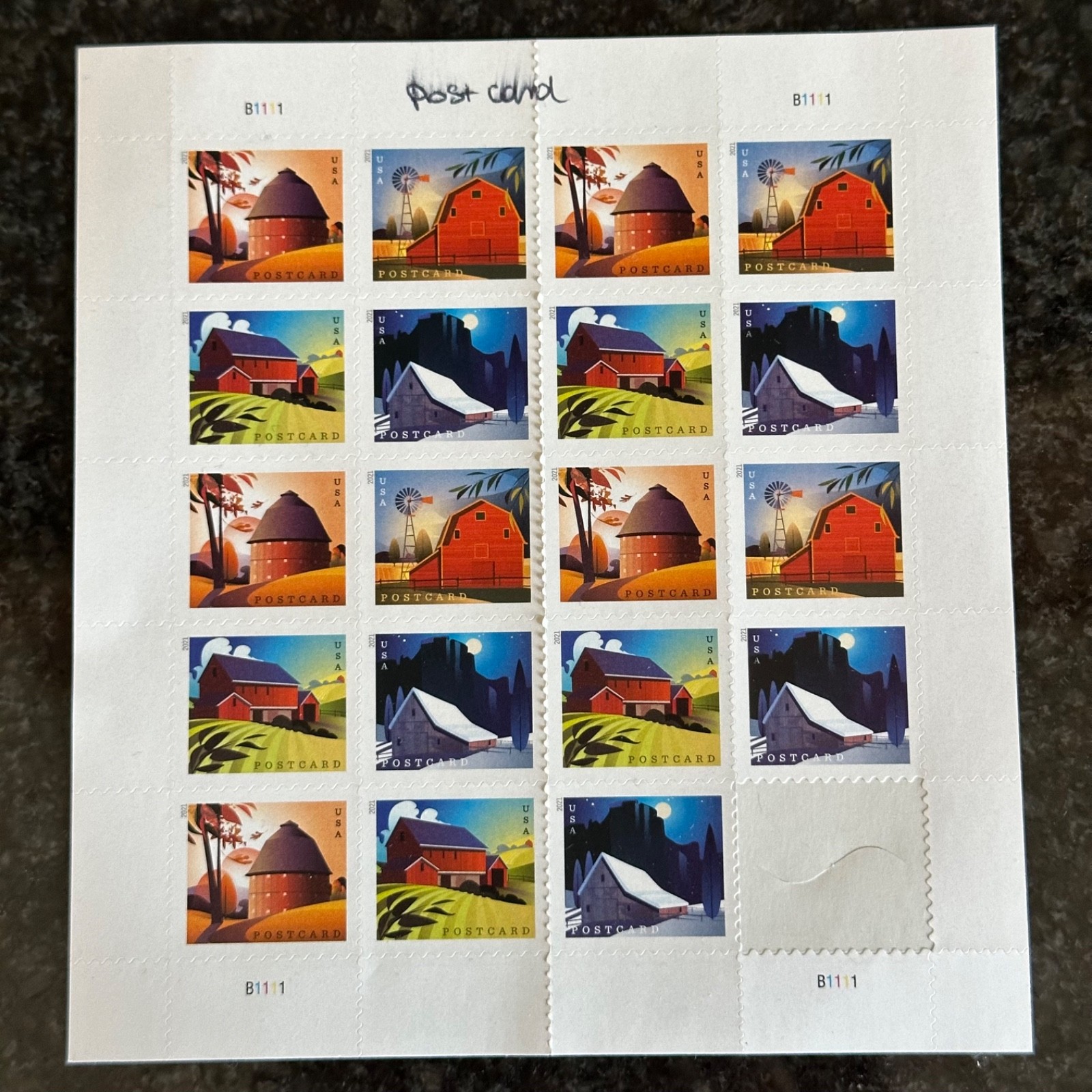 2021 USPS Barn POSTCARD Forever Postage Stamps – Sheet of 20 Stamps MNH