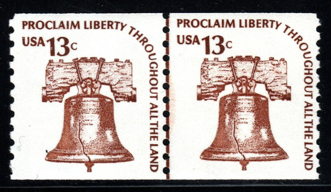 U.S. Stamps – (circa 1971-73) 13¢ brow Liberty Bell – coil line pair – SC# 1618