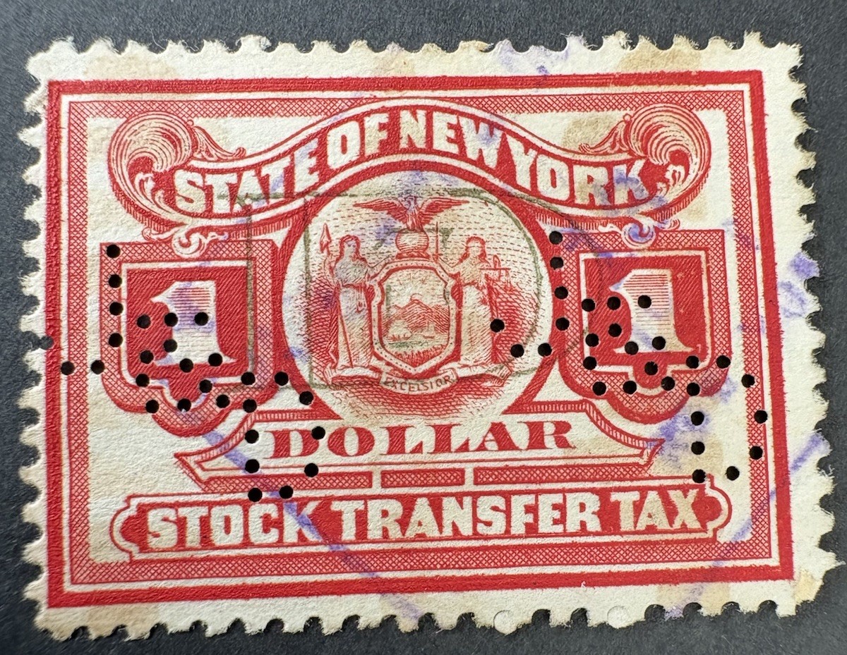 New York State Revenue $1 red/orange Stock Transfer Tax Stamp Used