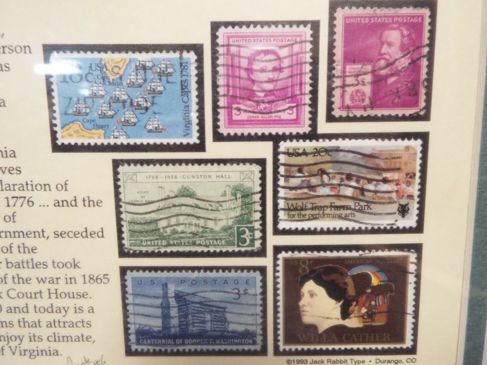 Stamp Collection, Virginia, 23 stamps, Frame size: 12″ x 16″, in protective wrap