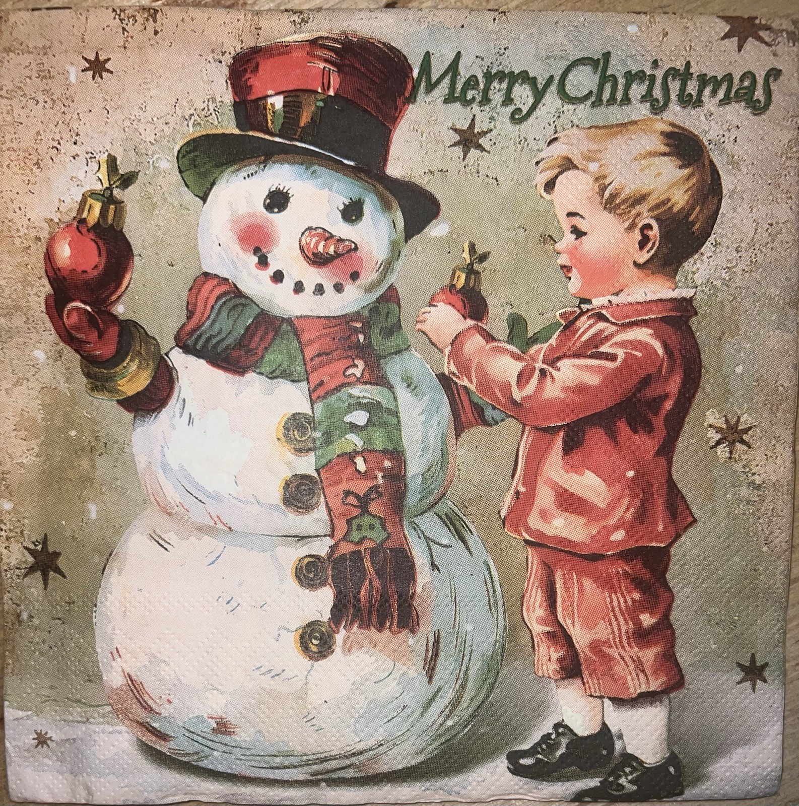 TWO Paper Lunch Napkins Decoupage Christmas Vintage Snowman & Child 6.5”