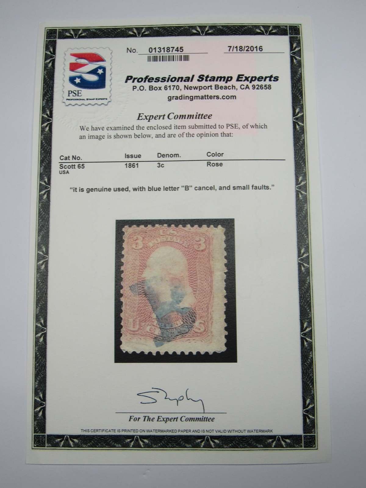 PSE Certified Stamp! 1861 U.S. POSTAGE 3¢ with Blue Letter “B” Stamps STP-08-IB