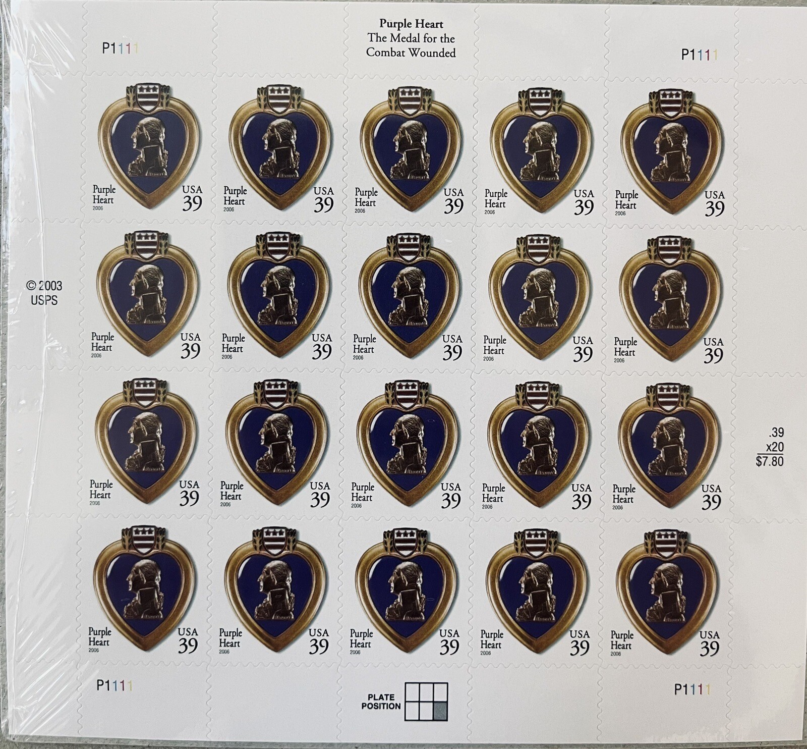 US SCOTT 4032 SHEET PANE OF 20 PURPLE HEART STAMPS 39 CENT FACE MNH FAST SHIP