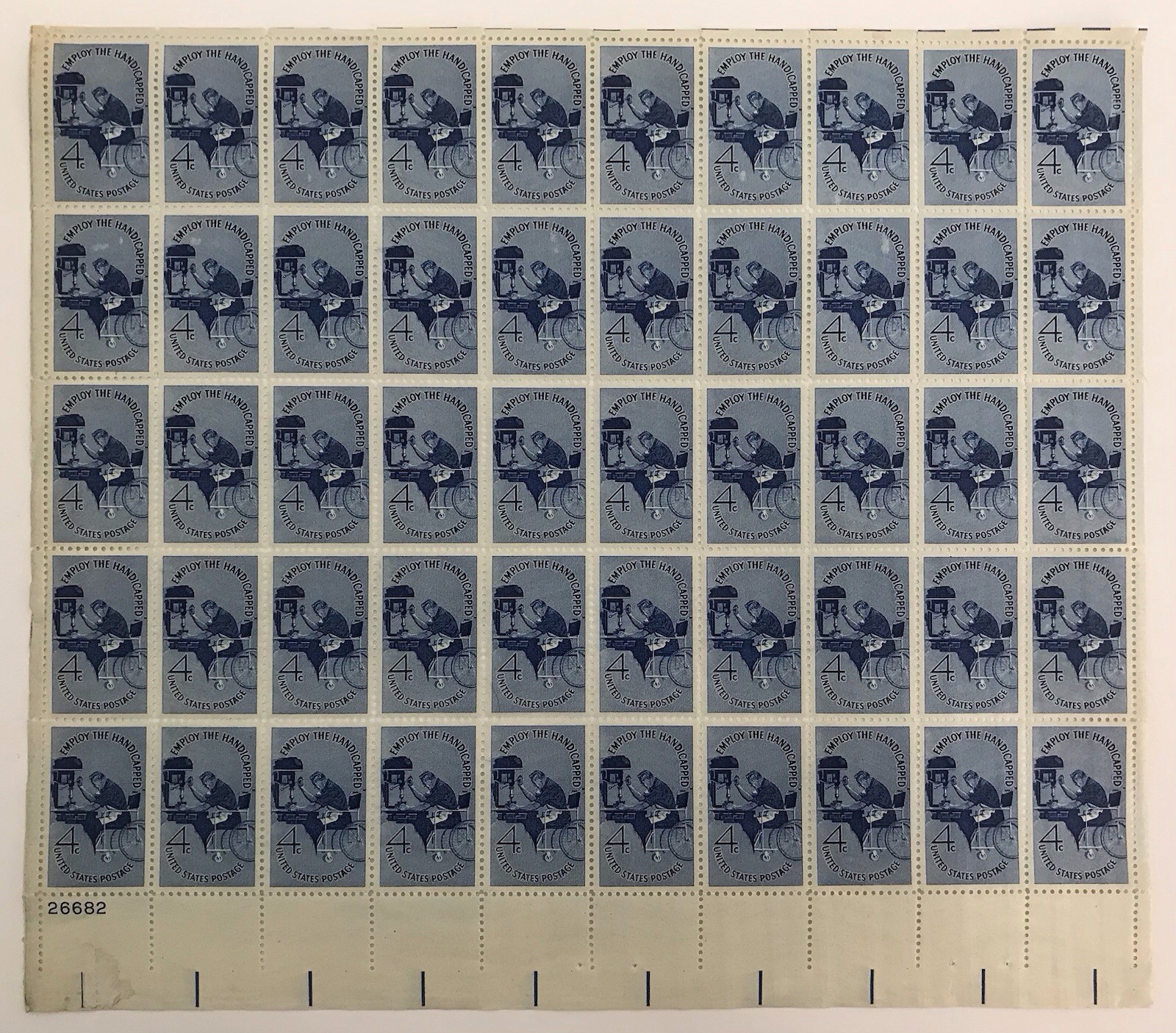 EMPLOY THE HANDICAPPED POSTAGE STAMPS 4 CENT FACE US SCOTT 1155 SHEET OF 50