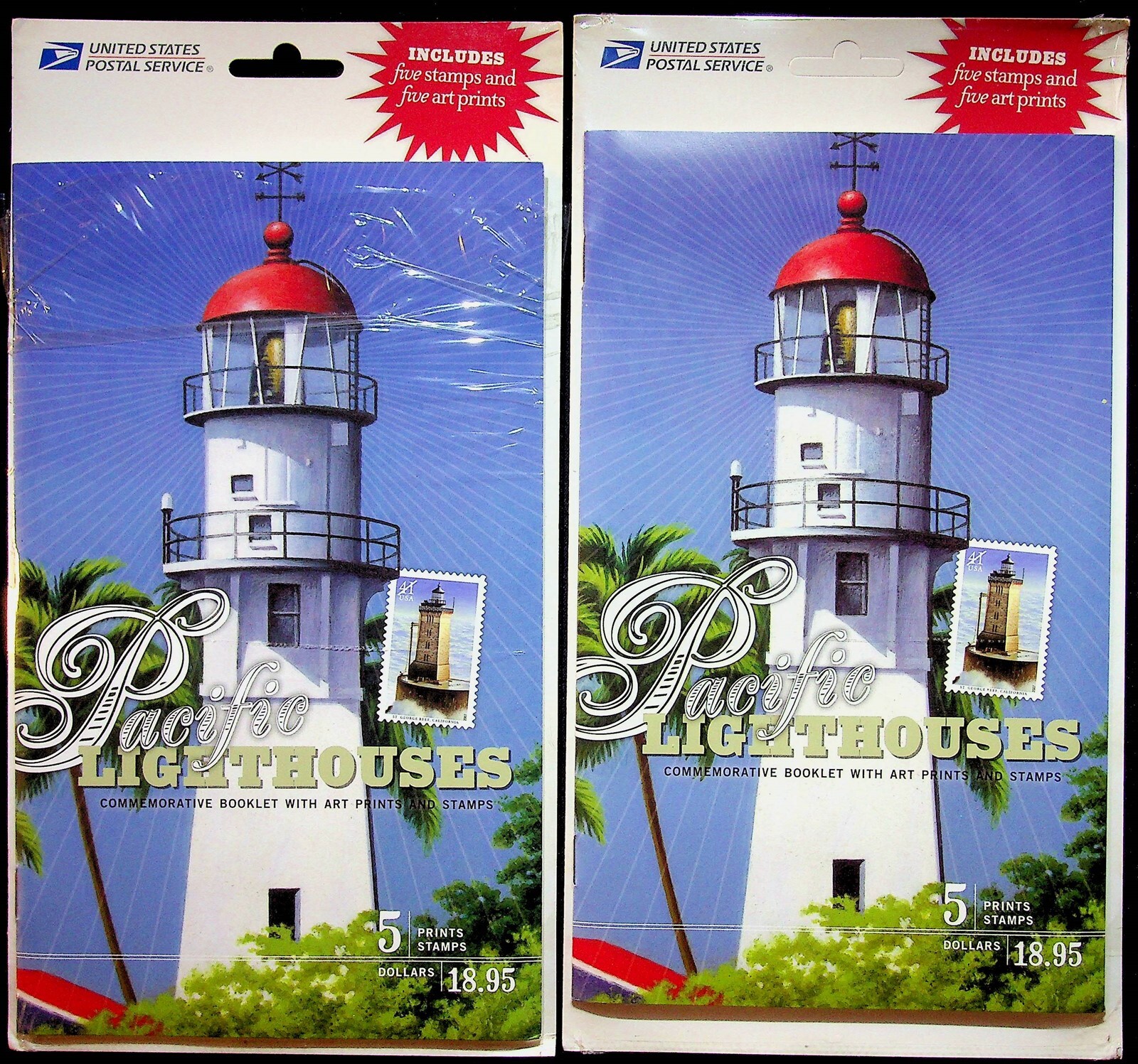 USPS Lot Of 2 Pacific Lighthouses Commemorative Book With Art Prints + Stamps
