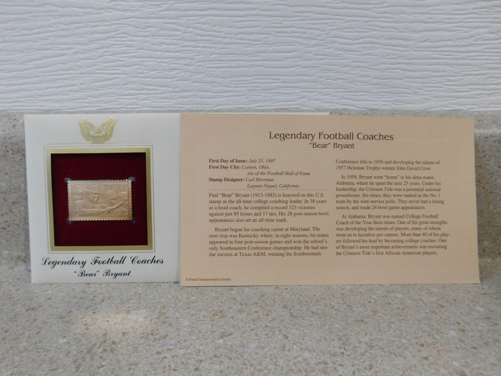 Collectors Gold Stamp Legendary Football Coach Bear Bryant Free Ship Alabama