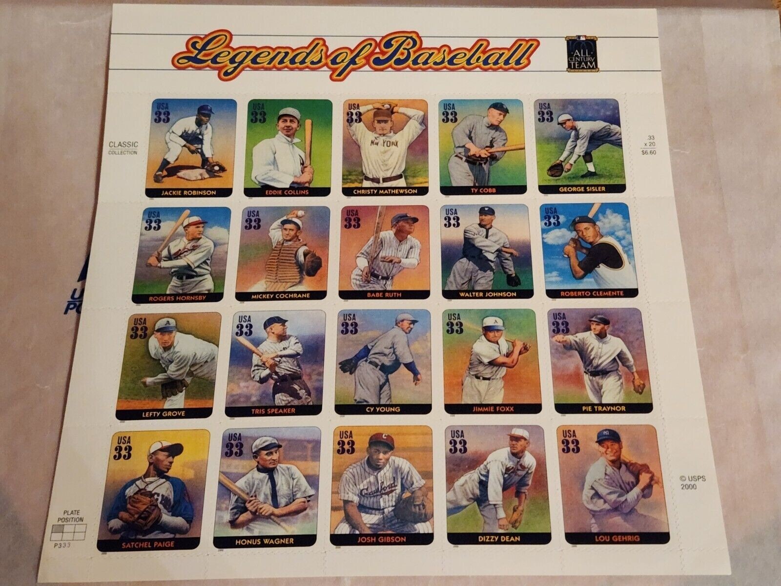 US Stamp Scott #3408 Pane of 20 Legends of Baseball Sheet 33 Cents face MNH
