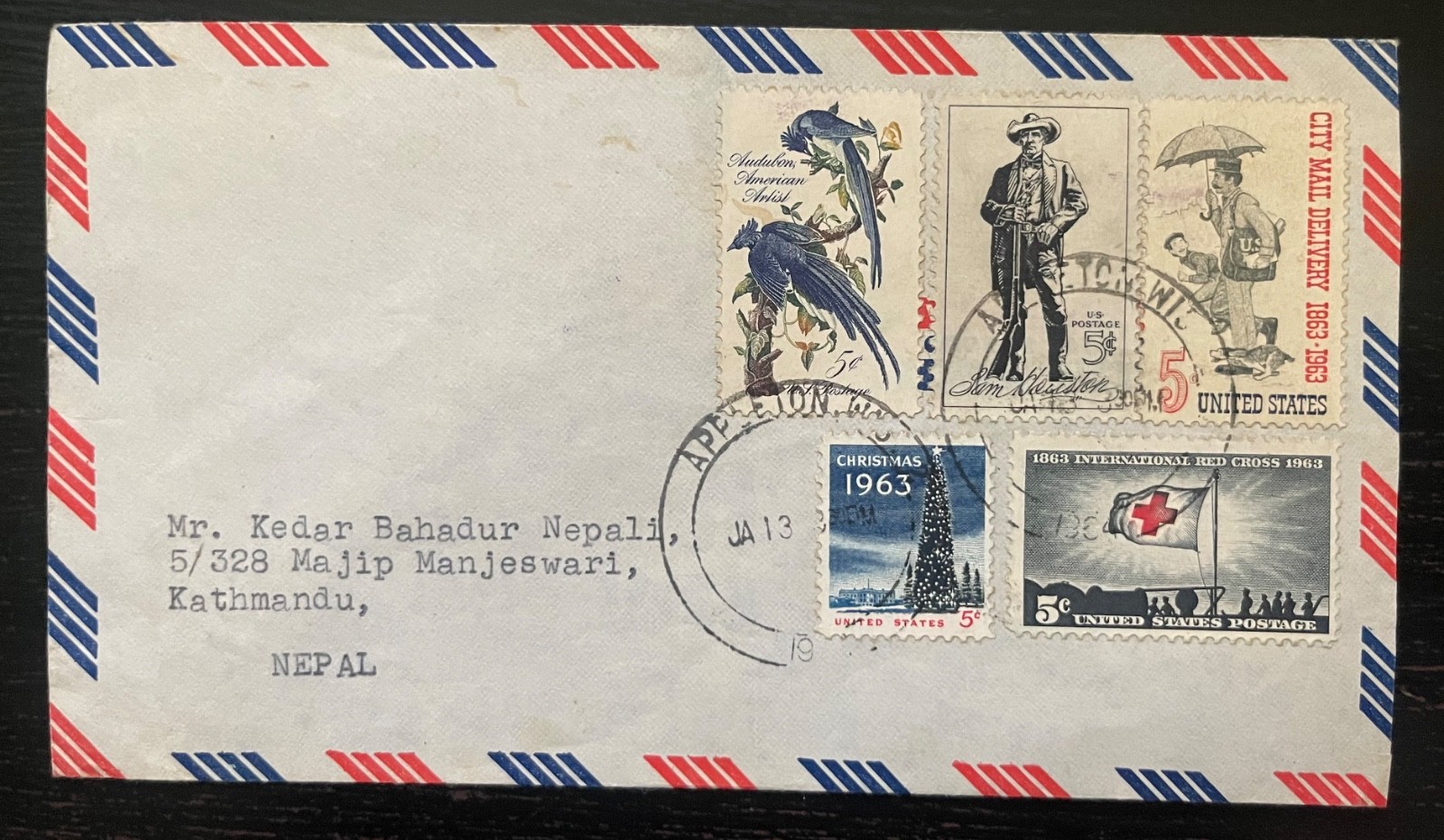 Vintage 1963 Airmail Cover from USA to Nepal | 5¢ Red Cross, Sam Houston, Birds