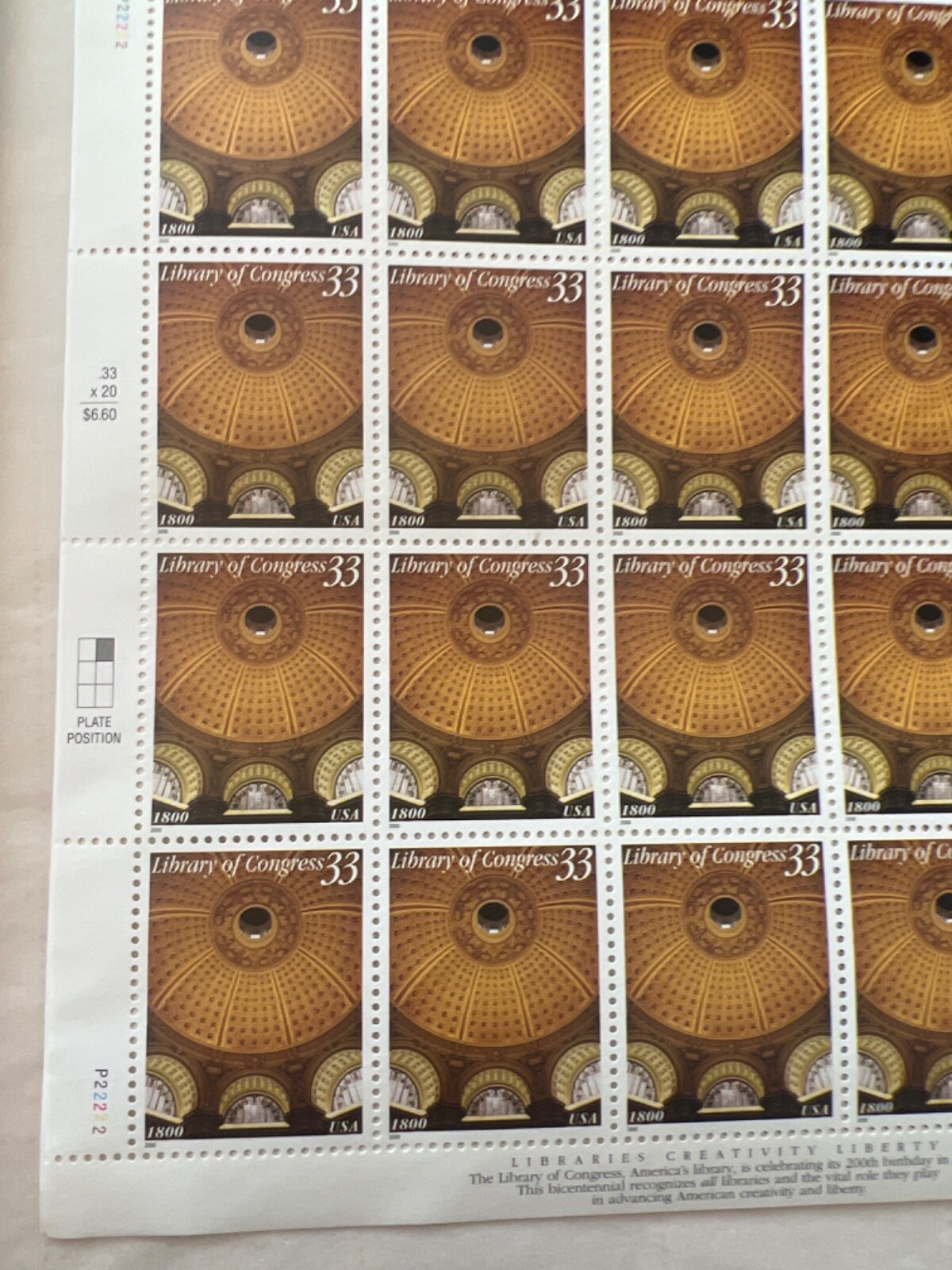 See Photos. US SCOTT 3390 PANE OF 20 LIBRARY OF CONGRESS 33 CENTS FACE MNH