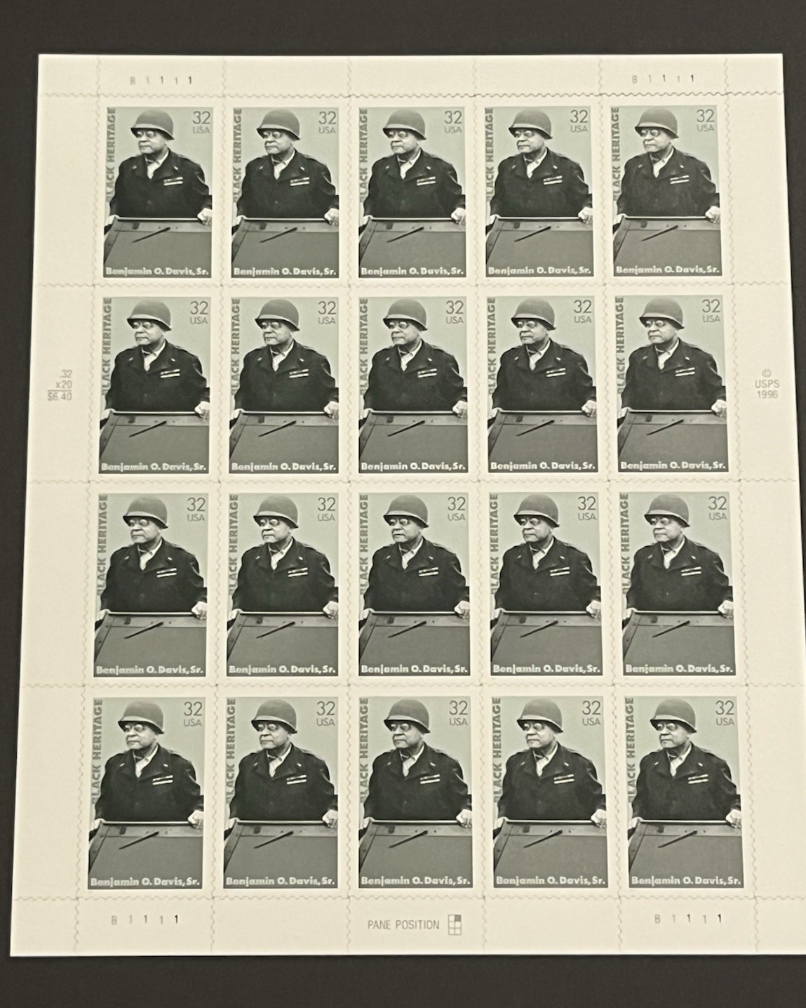 US 1997 SC 3121 32c Black Heritage, Benjamin O. Davis, Sr. Sheet of 20 MNH Fresh