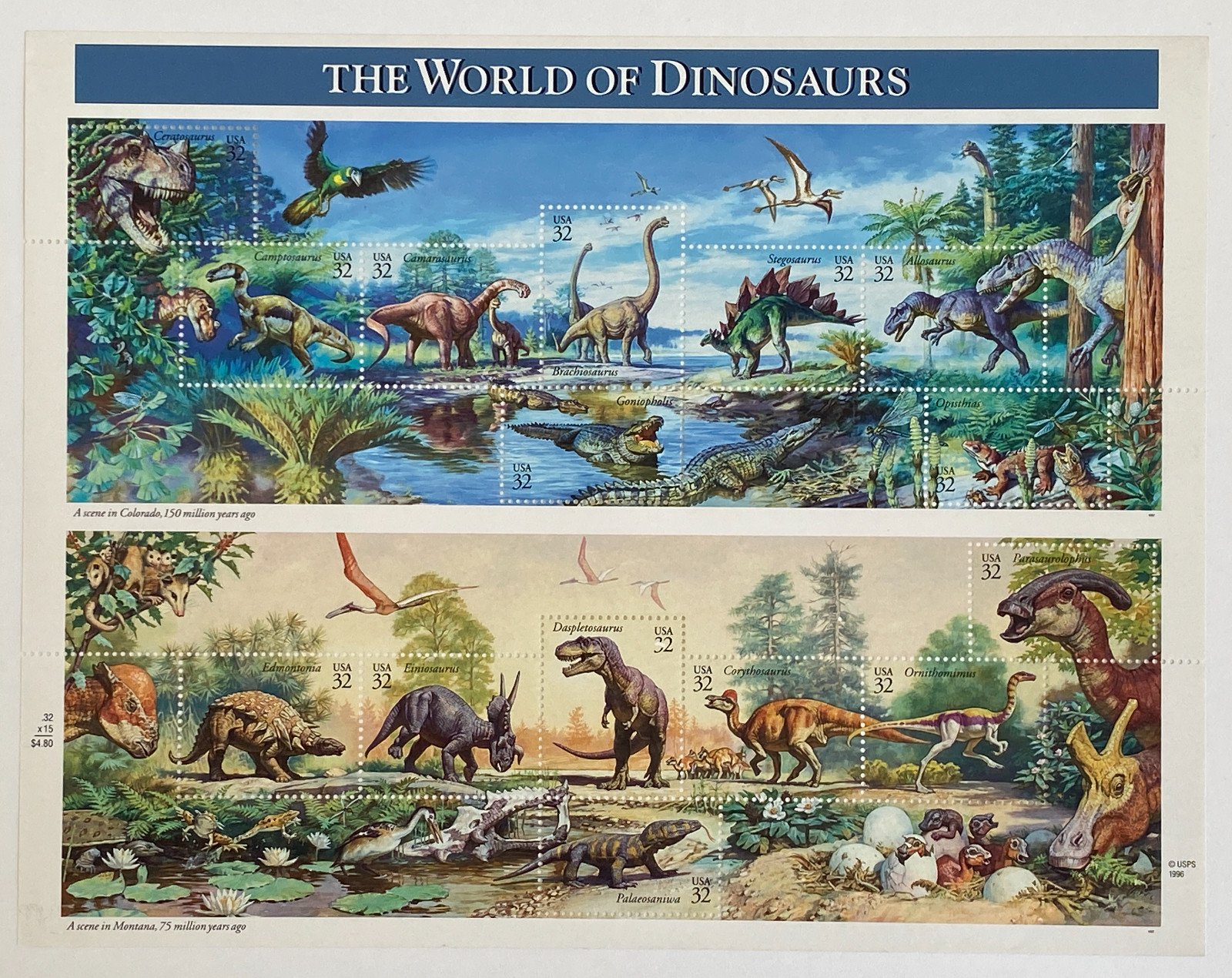 Scott #3136 – 32¢ “World of Dinosaurs” 1997 Pane of 15 – Free Shipping