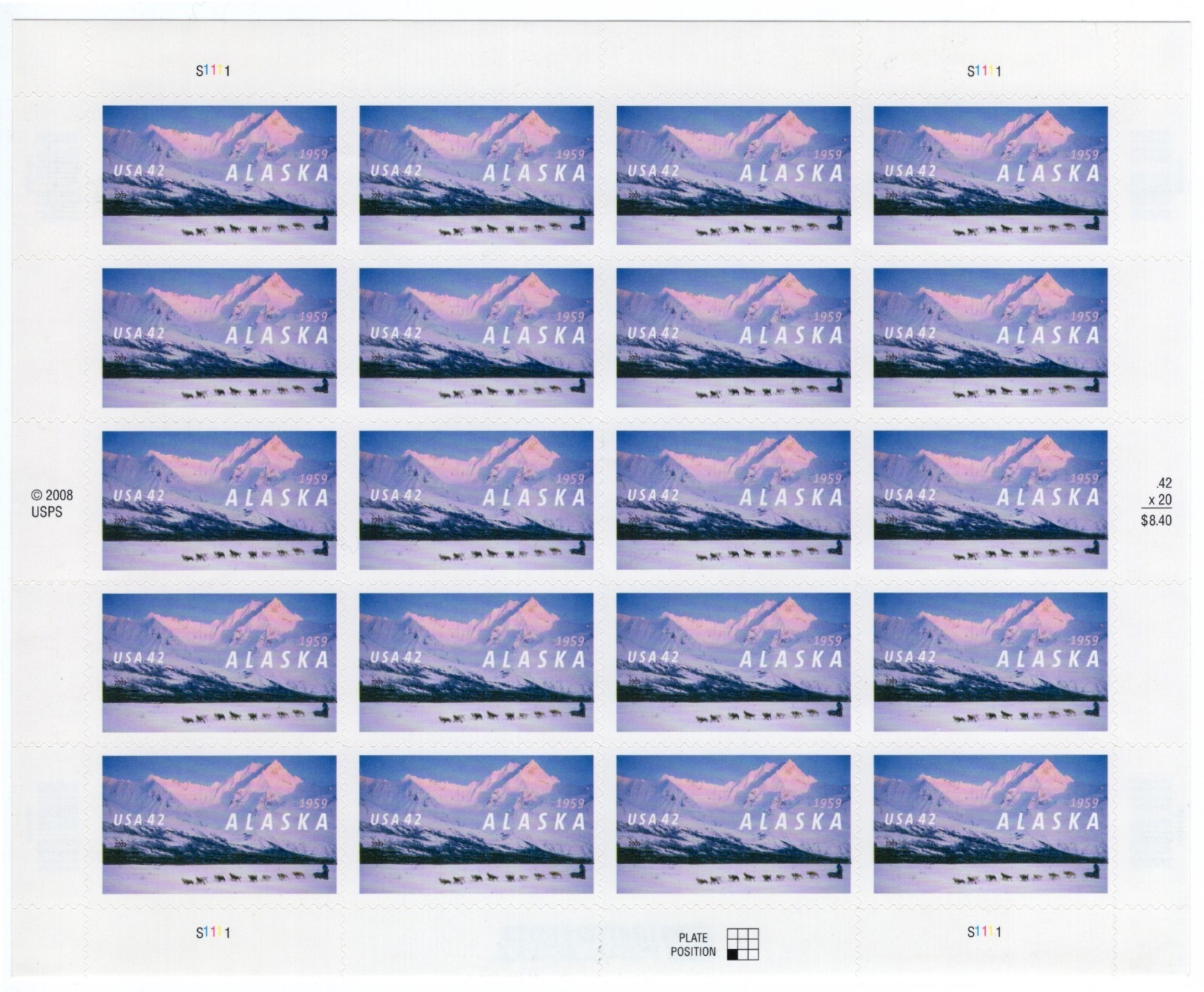 US 2009 SC 4374 42c Alaska Statehood – Sheet of 20 – MNH Fresh