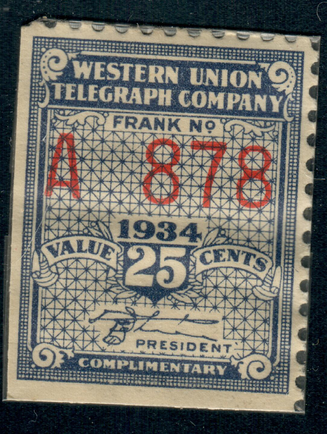 USA – 1934 – Revenue Stamp – Western Union Telegraph Company – 25¢ – #3739