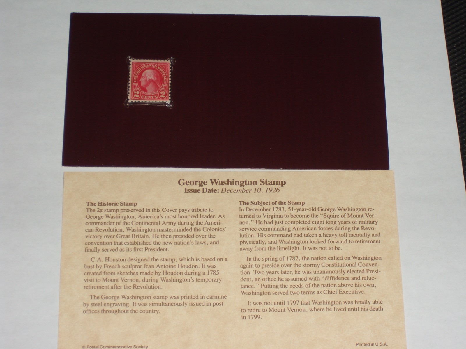 George Washington 2 Cents Red Stamp Dec. 10, 1926 Historic Stamps Of America