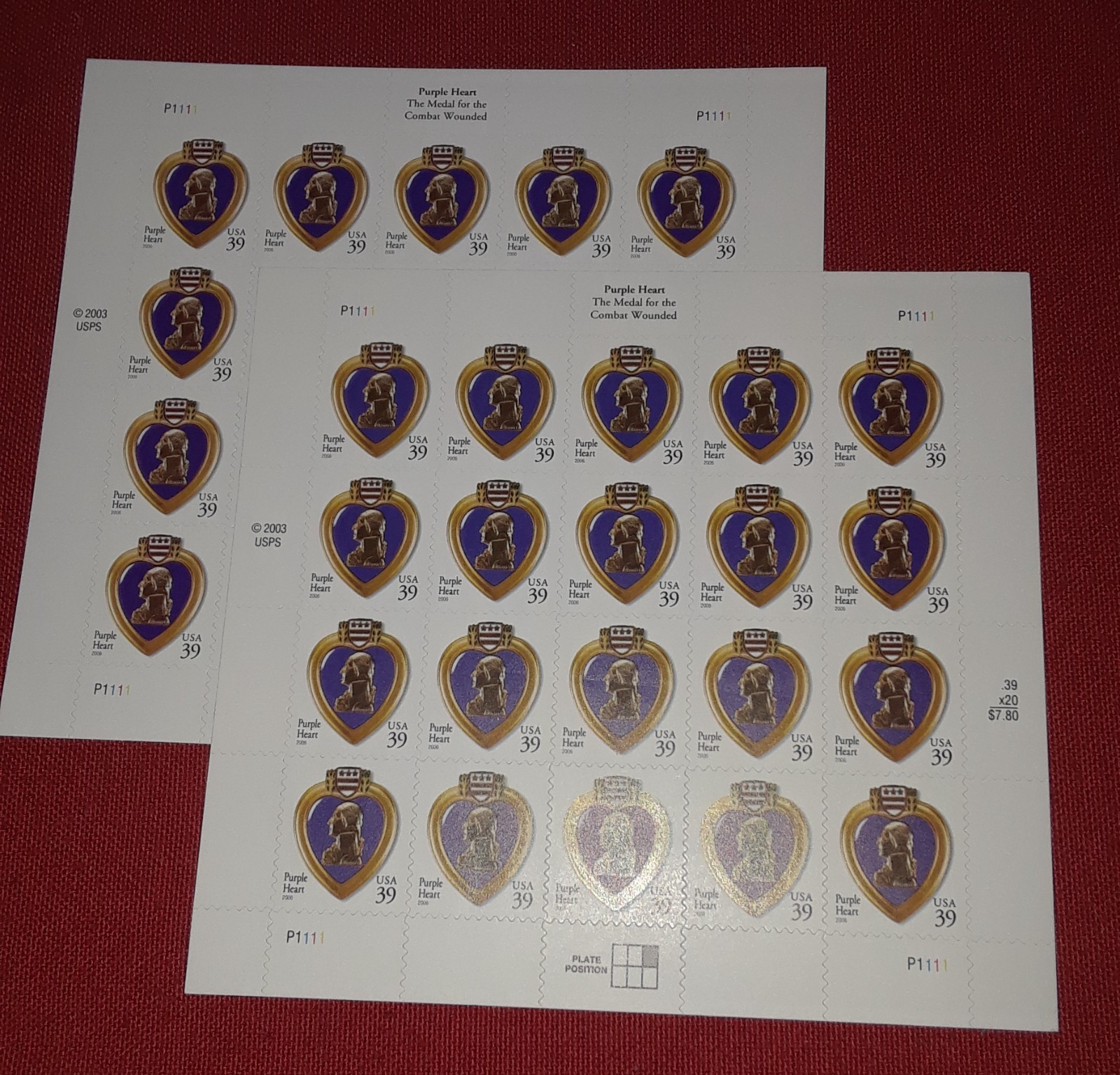 Three Sheets x 20 = 60 of Purple Hearts 39¢ US Postage Stamps USA #4032