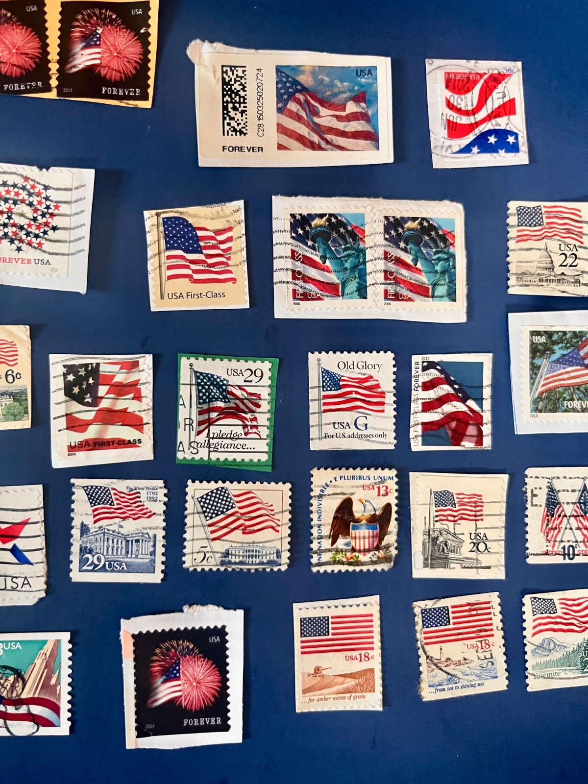 United States American flag postage stamps, mixed lot, set of 54, used, unused