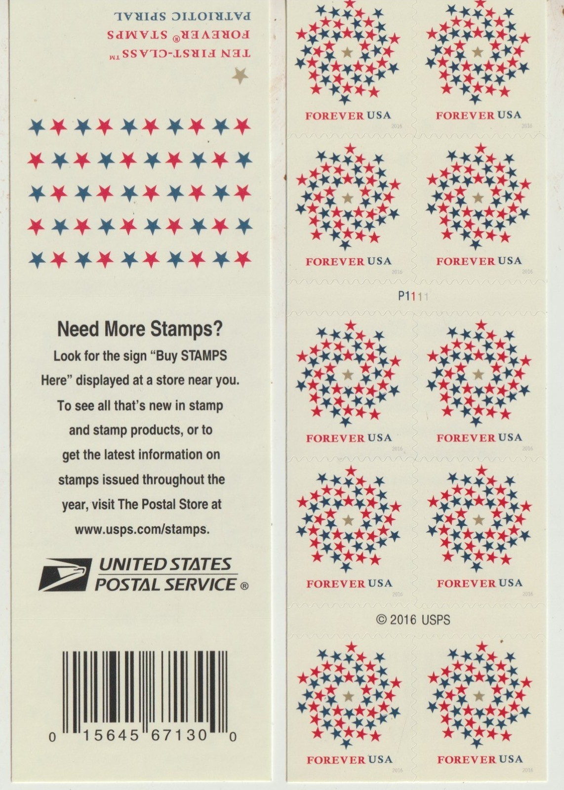 USPS Patriotic Spiral strip of 10 one ounce stamps sent from OKC, OK