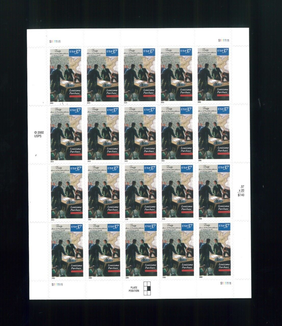 United States 37¢ Louisiana Purchase 200th An Postage Stamp #3782 MNH Full Sheet