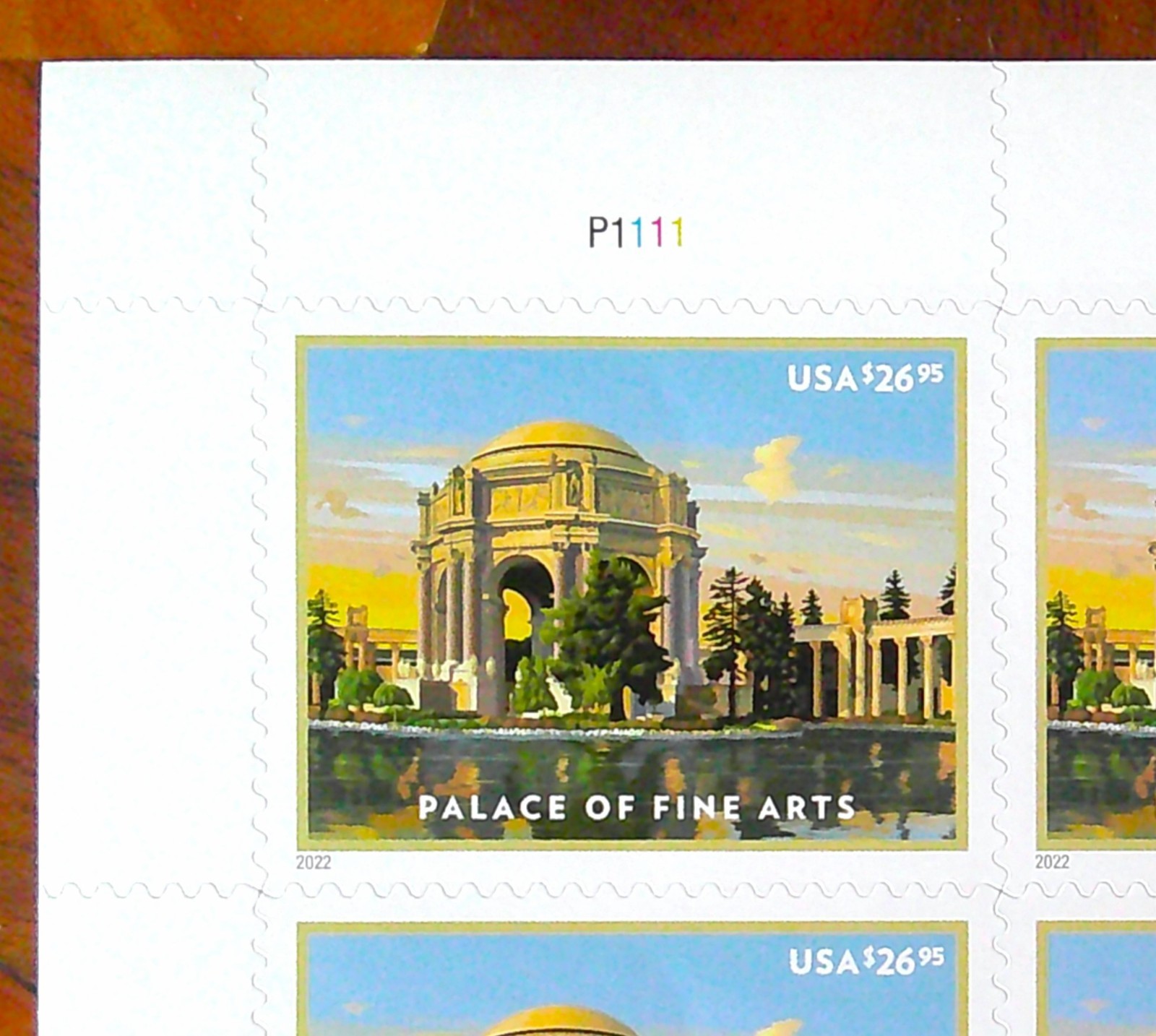 Mint Pane of 4, Palace of Fine Arts Priority Mail Express $26.95, FV =$107.80