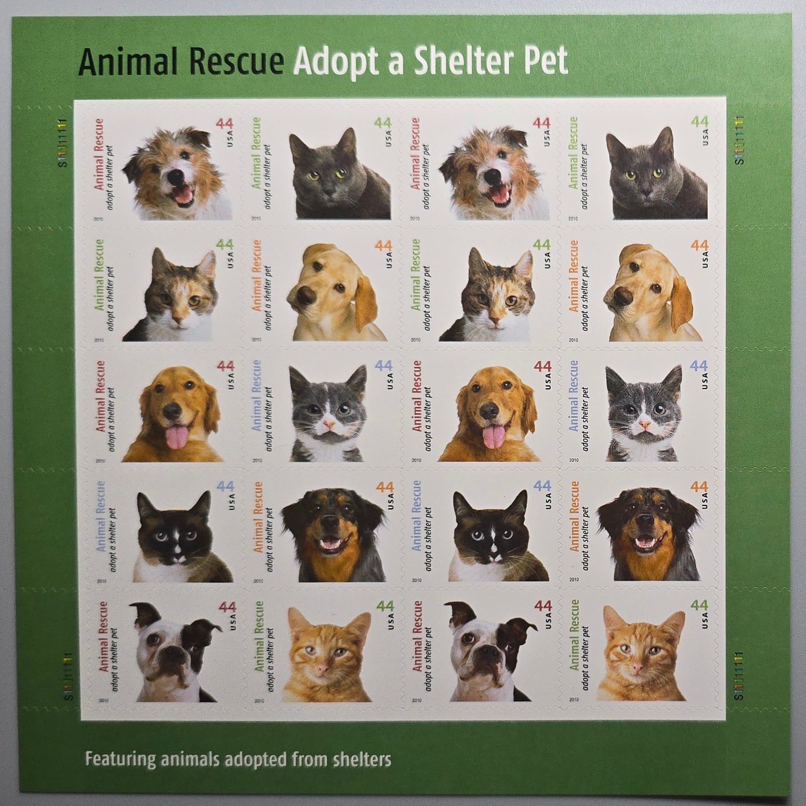 US 2010 Animal Rescue Adopt A Shelter Pet Forever Stamps Full Pane Of 20 Mint NH