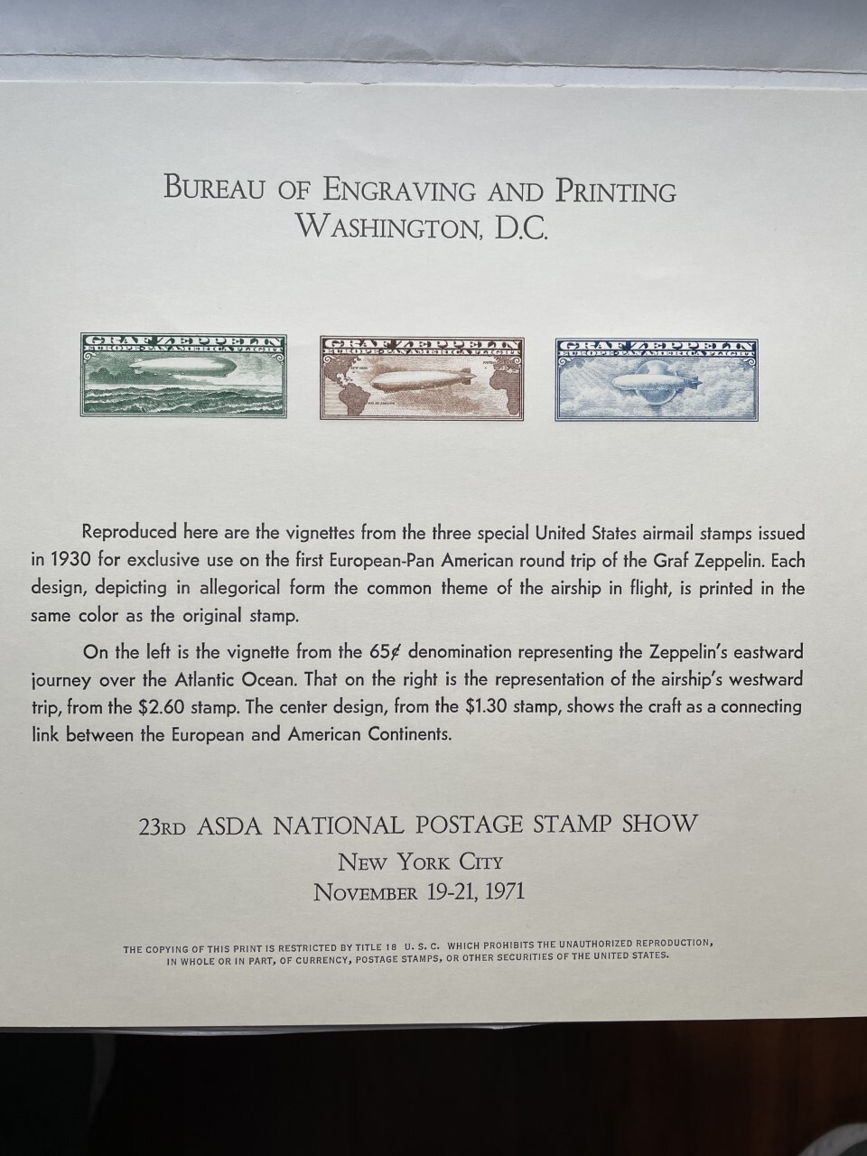 1971 GRAF ZEPPELIN BUREAU OF ENGRAVING AND PRINTING SOUVENIR CARD – 3 CARDS