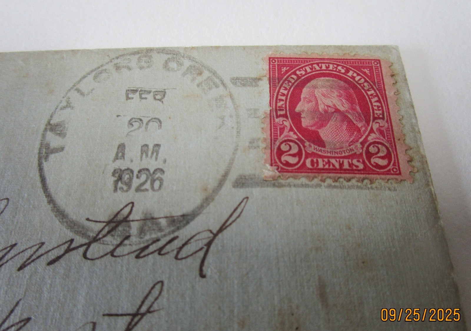 WASHINGTON 2 CENT STAMP ENVELOPE POSTMARKED 1926 FEB 24 STAMP EPHEMERA