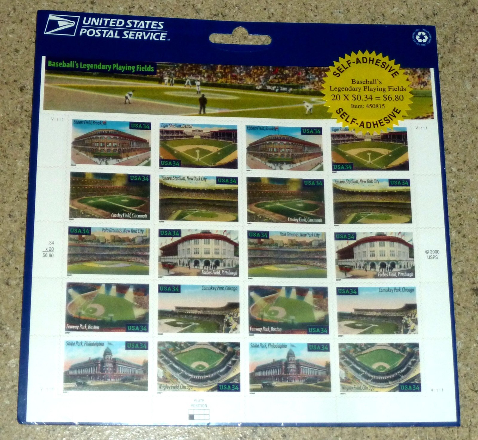 USPS Sealed Sheet of 20 Baseball Playing Fields34¢ Stamps USA Scott 3510-19 Mint