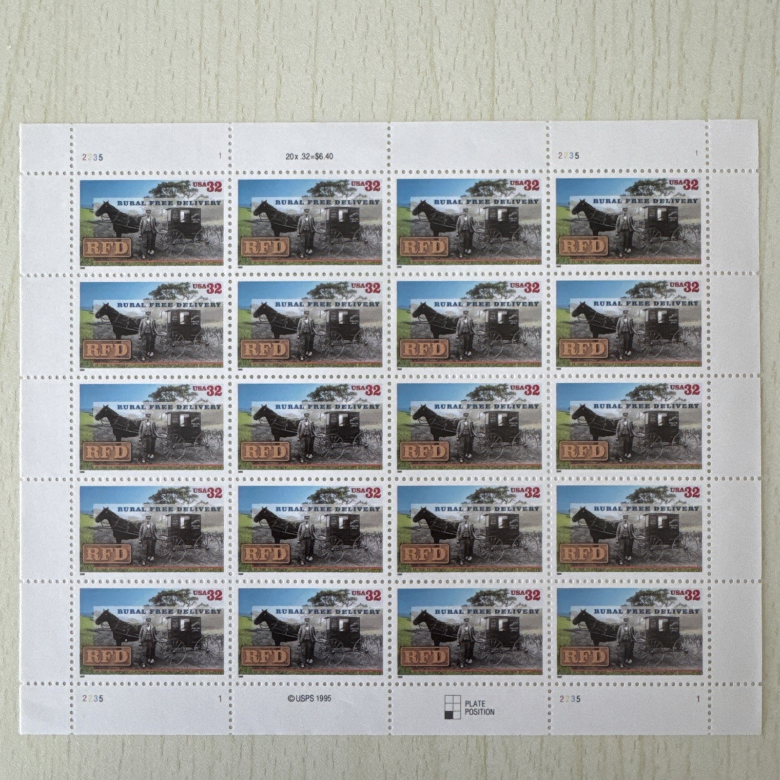 US Postage Stamps 32c Sheet RFD Rural Free Delivery 20 Stamps MNH Free Shipping