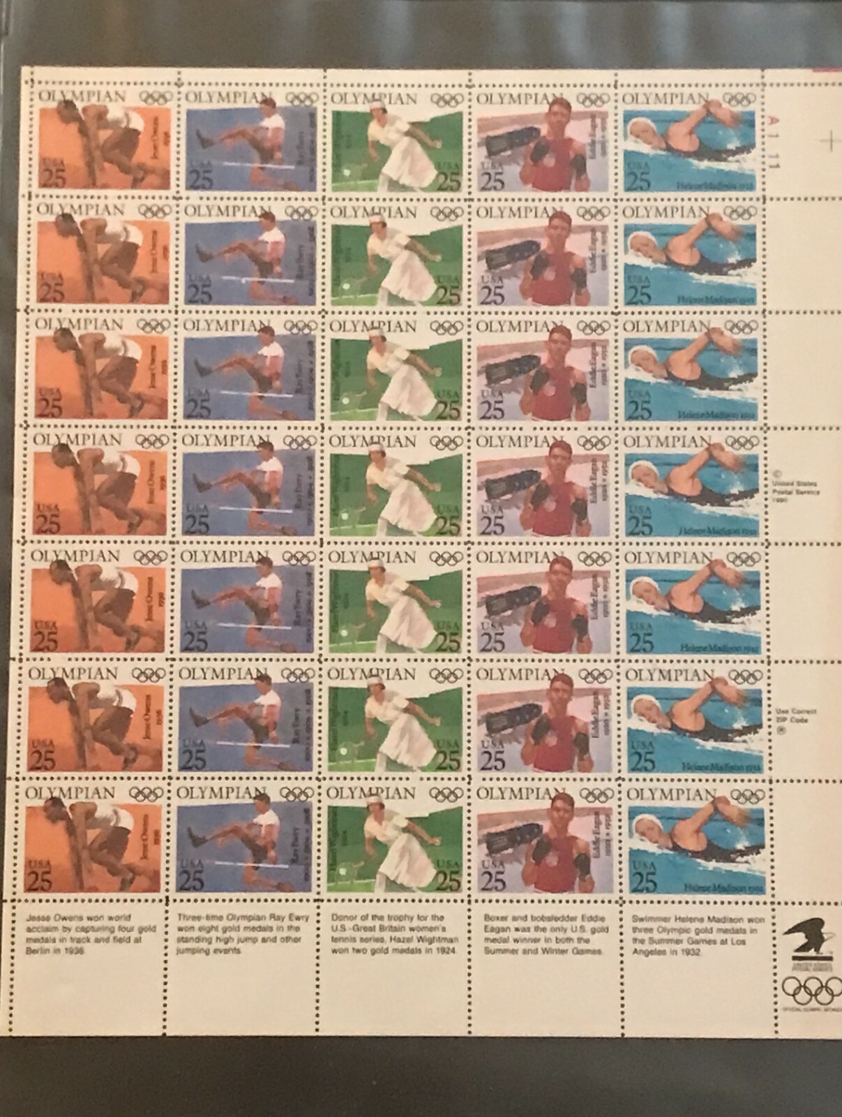 SCOTT # 2496-2500 OLYMPICS 1990 SHEET OF (35) 25 CENT STAMPS MINT CONDITION