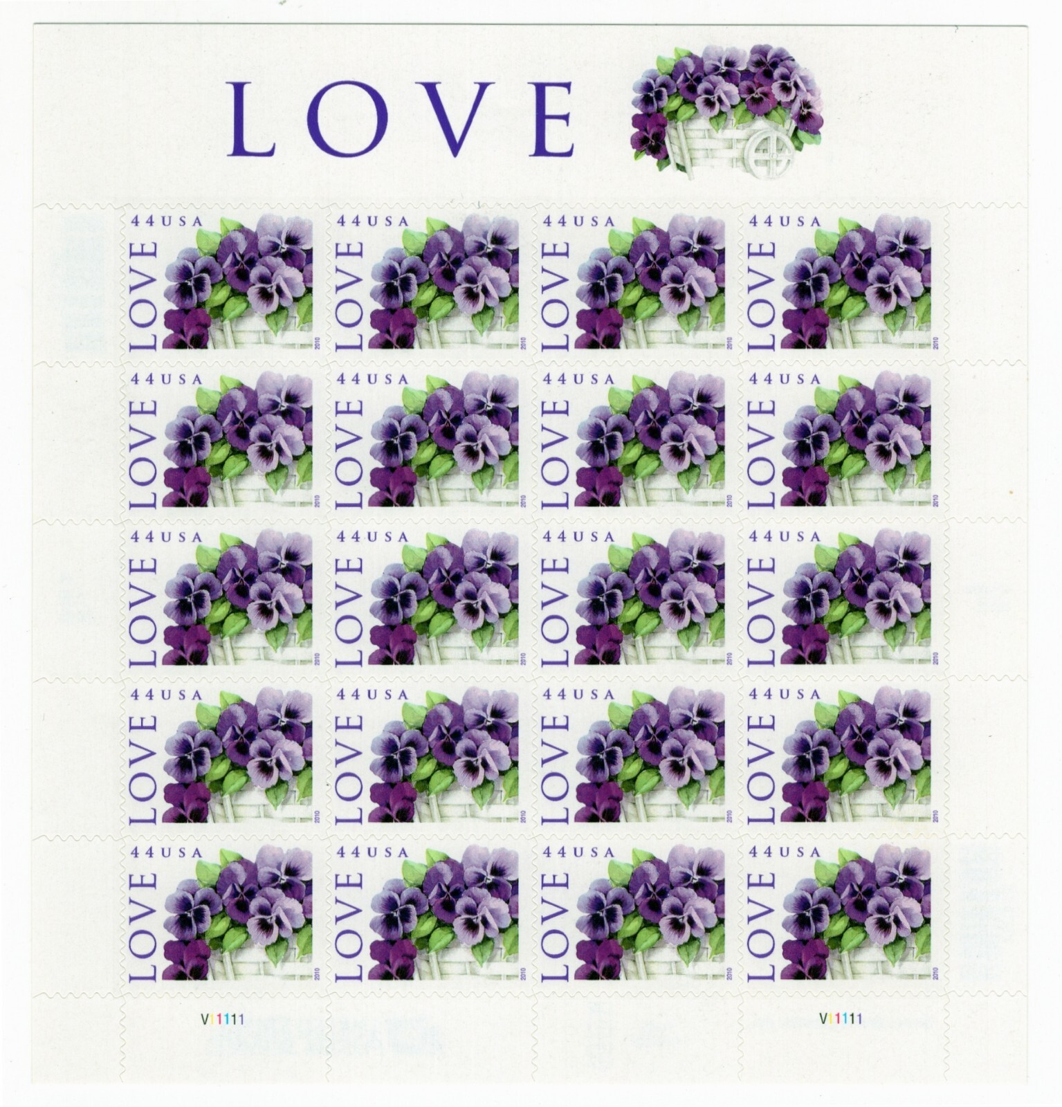 US 2010 SC 4450 44c LOVE, Purple Pansies – Full Sheet of 20 – MNH Fresh