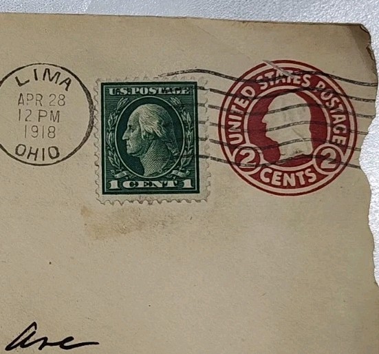 1918 Green George Washington 1 Cent Stamp Still On Original Envelope Ungraded