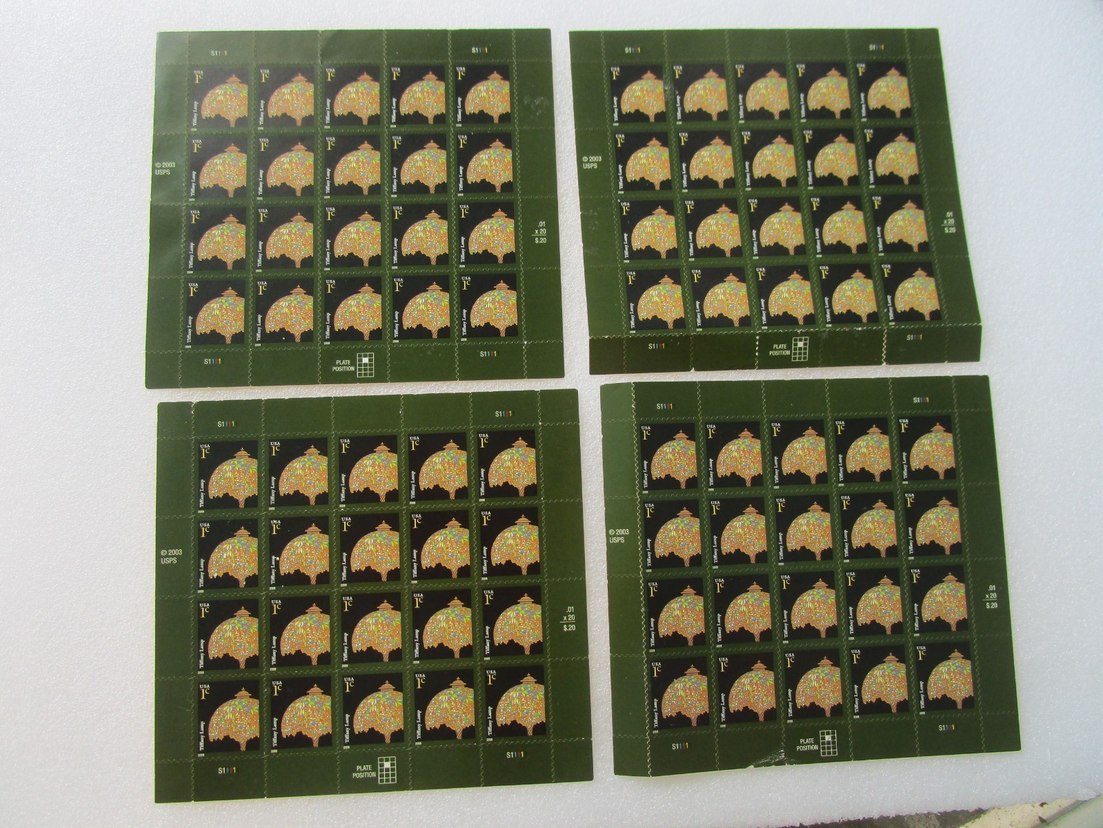 2007 Tiffany Lamp Stamps – 4 Sheets of 20 – 1 cent – MNH