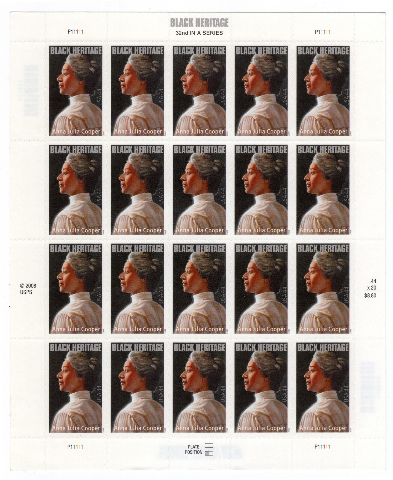 US 2009 SC 4408 44c Black Heritage, Anna Julia Cooper, Author – Sheet of 20 MNH