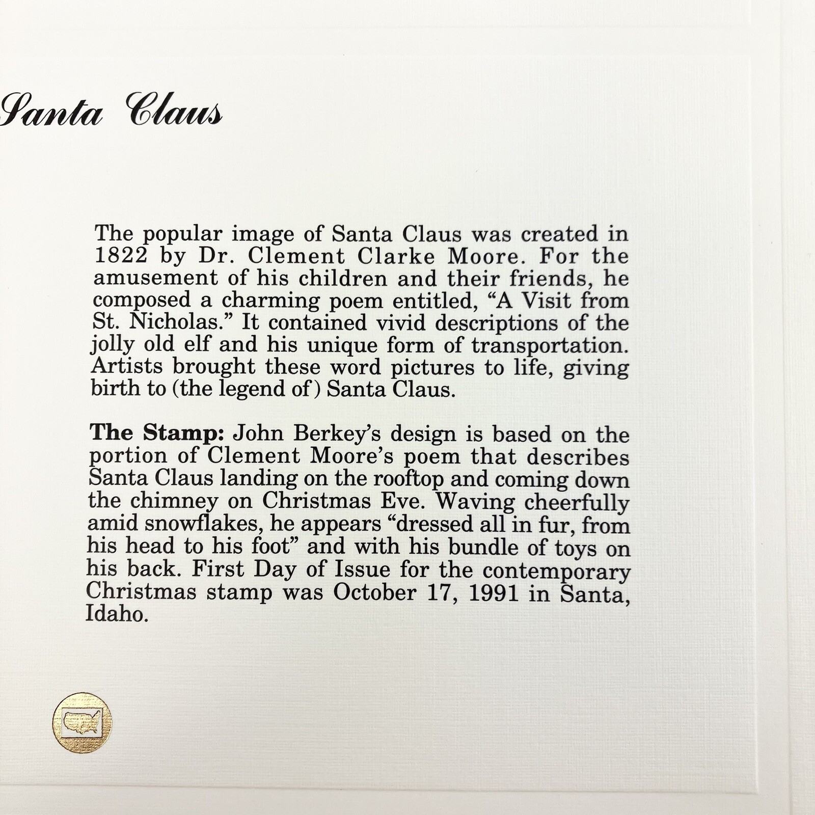 Richard Sparks Santa Claus Christmas Postage Stamp Art USPS Farmable Gift 1991