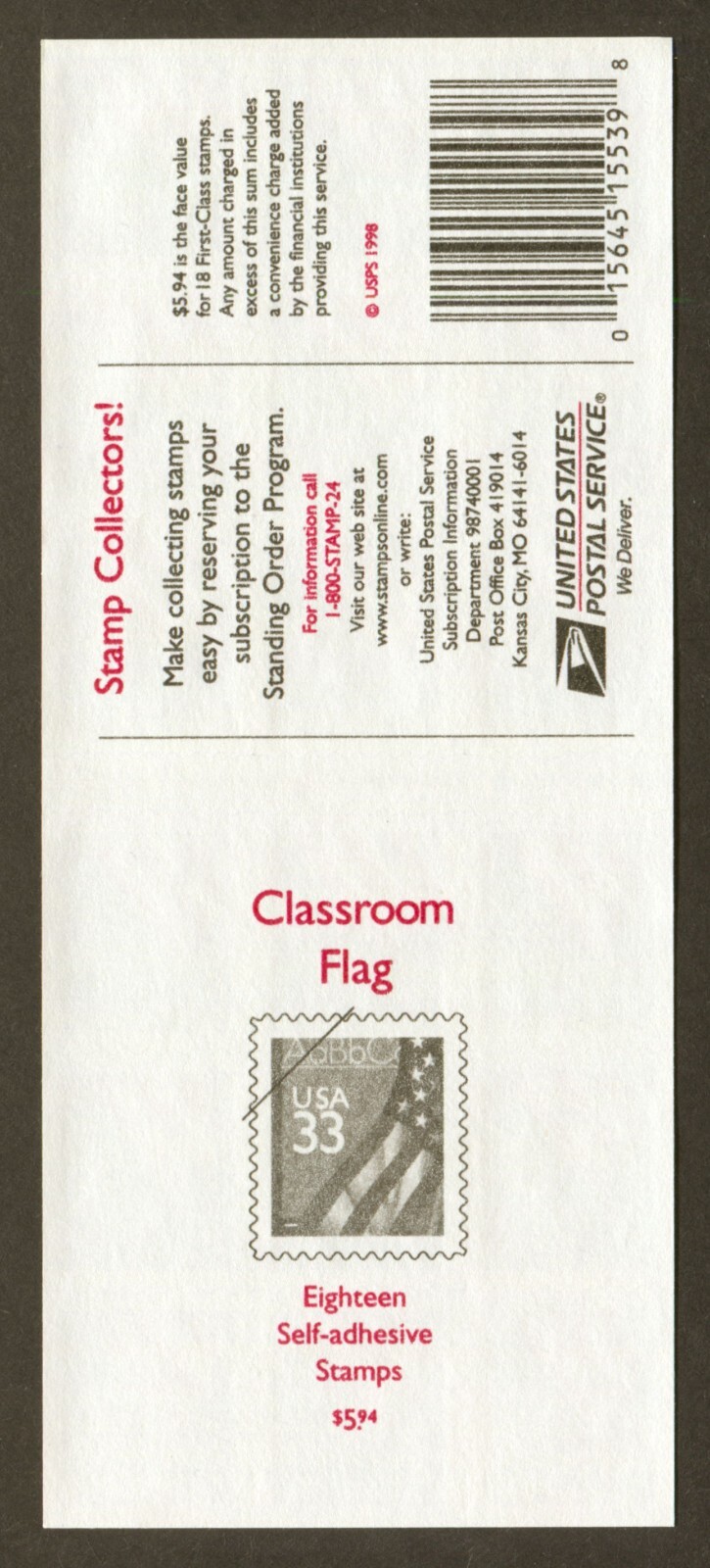 U.S. Scott# 3283a, 1999 Flag/Chalkboard, Plate# V1111, Pane of 18, SCV: $12.00