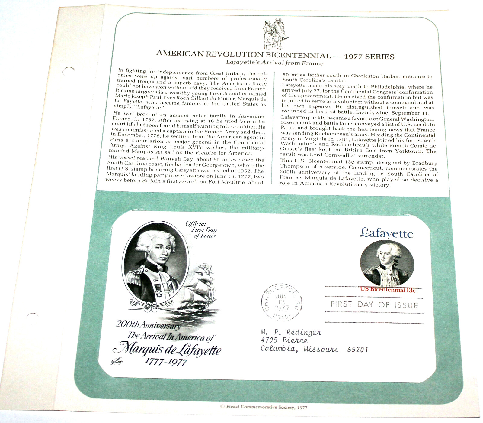 First Day of Issue Souvenir Page Lafayettes Arrival from France 1977 Stamp